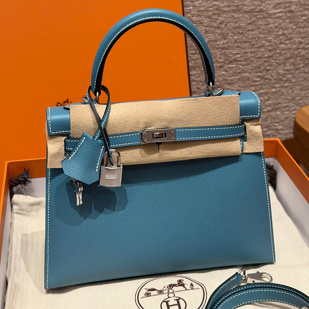 최고퀄 에르메스 올수공 켈리 25 Bleu jean 엡송 가죽 은장