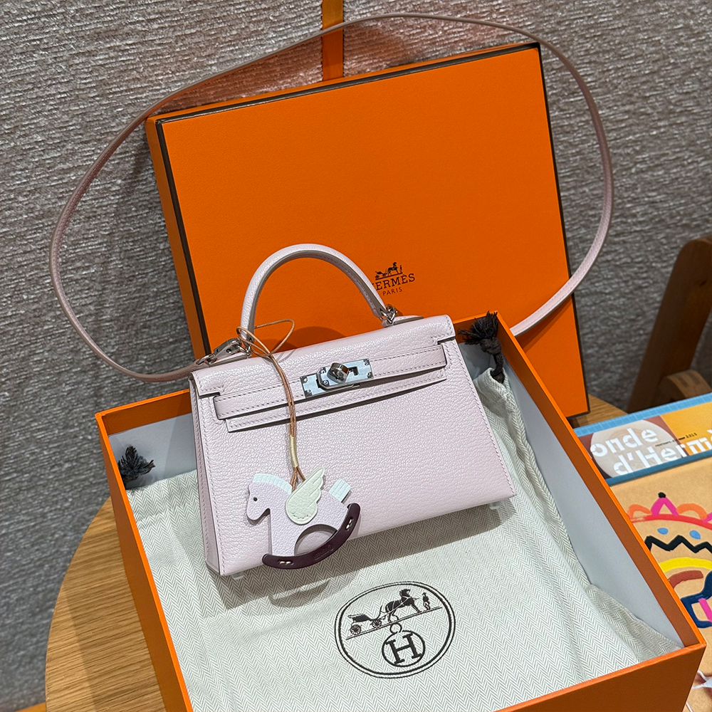 최고퀄 에르메스 올수공 켈리 2 미니 Mauve Pale 쉐브르 가죽 은장