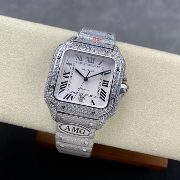 최고퀄 까르띠에 산토스 화이트 로만 다이얼 화이트 골드 파베 세팅 40mm